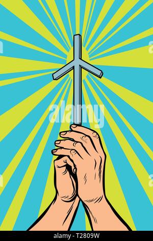 Georgisch-orthodoxen Grapevine christliche Kreuz im Licht, die Hände des Gläubigen. Stock Vektor