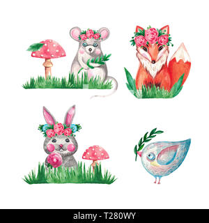 Aquarell Tier set Fuchs Hase maus Birdie auf weißem Hintergrund isoliert. Botanische Elemente gras Zweig Blumen Stockfoto