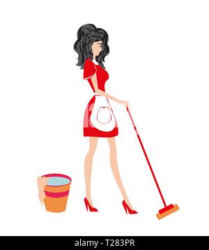 Schöne Hausfrau mit einem Mop Stock Vektor