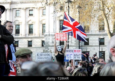 London, 29. März 2019. Pro Brexit Demonstrator trägt eine Guy Fawkes Maske Stockfoto