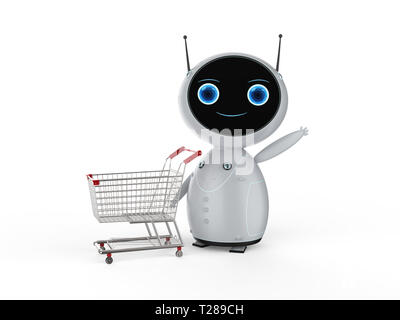 Online shopping Konzept mit 3D-Rendering niedliche Roboter halten leer Warenkorb Stockfoto