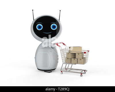 Online shopping Konzept mit 3D-Rendering niedliche Roboter halten Warenkorb Stockfoto