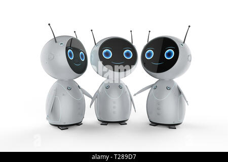 3D-Rendering Group niedliche Roboter auf weißem Hintergrund Stockfoto