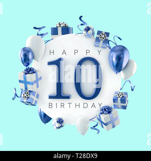 Happy 10 Birthday Party Zusammensetzung mit Ballons und präsentiert. 3D-Rendering Stockfoto