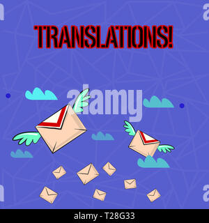 Schreiben Hinweis Übersicht Übersetzungen. Business Konzept für schriftliche oder gedruckte Prozess der Wörter übersetzen Text stimme Farbenfrohe Luftpost Brief Kuverts ein Stockfoto