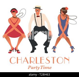 Zwei flapper Mädchen und ein Mann tanzen Charleston. Vector Illustration Stock Vektor