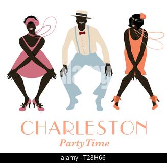 Zwei flapper Mädchen und ein Mann tanzen Charleston. Vector Illustration Stock Vektor