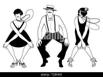 Zwei flapper Mädchen und ein Mann tanzen Charleston. Vector Illustration Stock Vektor