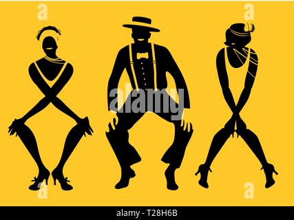 Zwei flapper Mädchen und ein Mann tanzen Charleston. Vector Illustration Stock Vektor