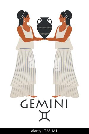 Sternzeichen im Stil der griechischen Antike. Gemini. Zwei Mädchen Tragen von Kleidung und Ohrringe im Stil des alten Griechenland eine Amphora. Isoliert auf Stock Vektor