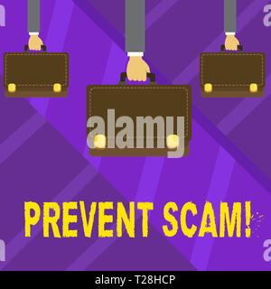 Schreiben Hinweis anzeigen verhindern Scam. Business Konzept für Verbraucherschutz betrügerische Transaktionen Hände tragen braune Aktentasche mit Stil Stockfoto