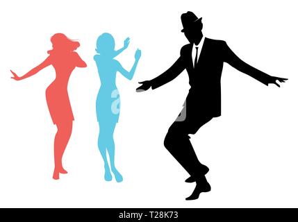 Elegante Silhouetten, die das Tragen von Kleidung der 60er Jahre Tanz Stil der 60er Jahre isoliert auf weißem Hintergrund Stock Vektor