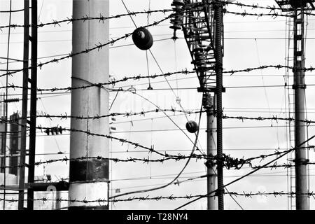 Stop, nicht kreuzen. Stacheldraht. Stockfoto