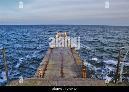 Eine Gruppe von Möwen auf dem Pier, dem Schwarzen Meer im Hintergrund. Stockfoto