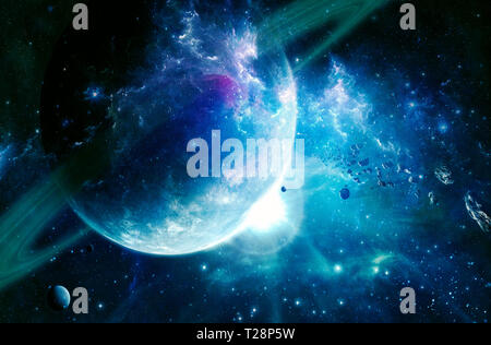 Abstrakte künstlerische cyan Planet mit einem schönen Saturn Ring um es in einem hellen Galaxie Hintergrund Stockfoto