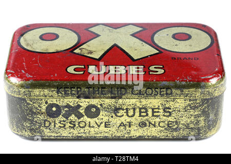 Vintage OXO cubes Zinn auf weißem Hintergrund. Stockfoto