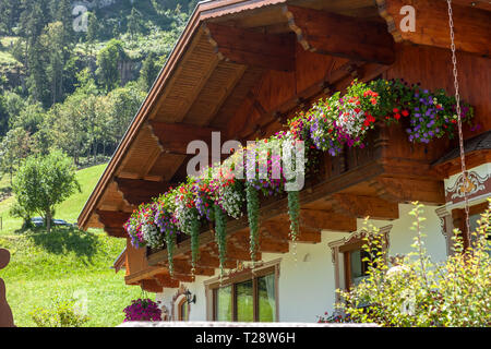 Traditionelle Chalet mit Blumen Sommer eingerichtet Stockfoto