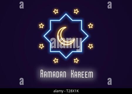 Neon Abbildung des Ramadan Kareem. Vektor neon Zusammensetzung mit leuchtenden goldenen umrissen Halbmond in blauer Rahmen, Sterne und weiß Urlaub Text. Uhr Stock Vektor