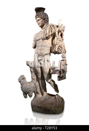 Römische Statue des Hermes. Marmor. Perge. 2. Inv.-Nr.. Das Archäologische Museum von Antalya; Türkei. Vor einem weißen Hintergrund. Hermes ist der Gott der Stockfoto