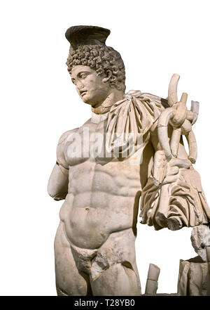 Römische Statue des Hermes. Marmor. Perge. 2. Inv.-Nr.. Das Archäologische Museum von Antalya; Türkei. Vor einem weißen Hintergrund. Hermes ist der Gott der Stockfoto