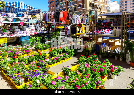 Jeden Donnerstag findet auf den Straßen des Viertels El Cabanyal Canyamelar ein traditioneller Markt statt, Valencia Spain Flowers wöchentlicher Freiluftmarkt Stockfoto