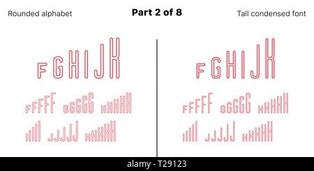 Condensed umrissen Sans Serif font, abgerundet. Vector rot Schriftbilder, Teil 2 von 8. Einstellen der hohen Großbuchstaben mit schmalen Buchstaben, Zahlen und Symbole Stock Vektor