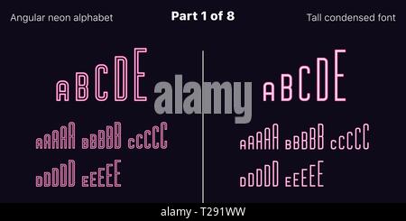 Condensed Rosa Neon font, eckig. Vektor Schriften in umrissen und gefüllt Stile festlegen, Teil 1 von 8. Neon Großbuchstaben mit schmalen Buchstaben, Anzahl Stock Vektor