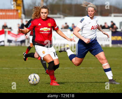 Cheshunt, Großbritannien. 31 Mär, 2019. Charlie Devlin von Manchester United Frauen während der FA Frauen Championship Match zwischen Tottenham Hotspur Damen und Manchester United Frauen im Stadion, Cheshunt FC, Cheshunt, Großbritannien am 31. Mär 2019. Credit: Aktion Foto Sport/Alamy leben Nachrichten Stockfoto