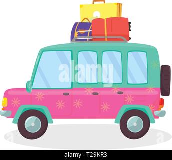 Koffer und Taschen im Kofferraum des Autos bereit zur Abfahrt für Urlaub, Outdoor, Reise, Reisen. Seitenansicht des Hatchback isoliert auf weißem Hintergrund. Travelin Stock Vektor