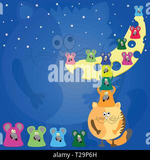 Katzen und Mäuse auf dem Mond. cartoon Vector Illustration. Stock Vektor