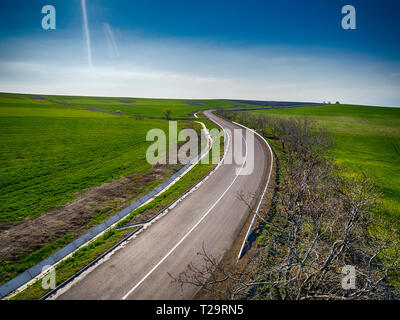 Luftaufnahme von fliegende Drohne über wunderschöne grüne Reisfelder Hintergrund von oben mit minimalen Auto, auf der Straße. - Bild Stockfoto