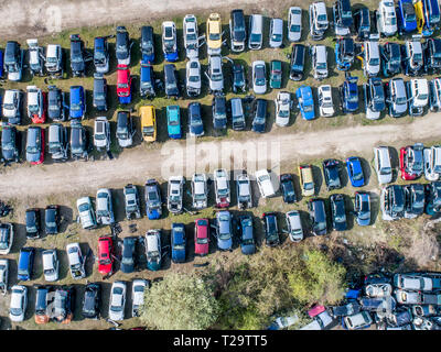 Linien der zerquetschten Autos Wrack - in Schrottplatz, bevor sie zerkleinert Recyling Stockfoto