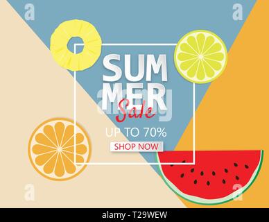 Summer Sale Hintergrund mit Ananas, Orange und Melone Layout für Plakat, Flyer, Broschüre, Banner Vorlage. Kreative Vektor-illustration Papier Stock Vektor