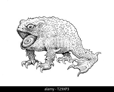 Fantasy Frog. Kröte Tinte Zeichnung. Monster Kröte Abbildung. Stockfoto