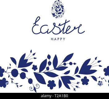 Ostern Karte in der Hand gezeichneten Stil mit blauen Blüten, Beeren und Blätter. Easter Egg. Frohe Ostern. Nahtlose blumen Pinsel. Schriftzug. EPS 10. Stock Vektor