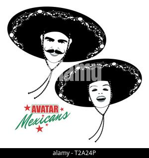 Avatare von Mann mit Schnurrbart und hübsche Frau in Mexican Hat. Retro Style. Stock Vektor