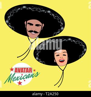 Avatare von Mann mit Schnurrbart und hübsche Frau in Mexican Hat. Retro Style. Stock Vektor