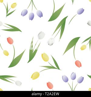 Nahtlose Muster von Tulip Blumen und Blätter auf weißem Hintergrund Stock Vektor