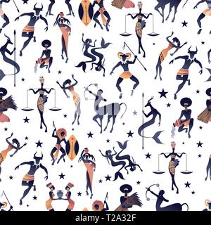 Nahtlose Muster der Tierkreiszeichen im Stil eines afrikanischen Stammes- Symbole Stock Vektor
