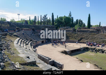 Mérida, Extremadura, Spanien, 16. Oktober 2018 - Die römischen Amphitheater von Emerita Augusta (Moderne Merida, Spanien) wurde in 8 v. Chr. eingeweiht. Stockfoto