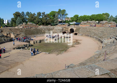 Mérida, Extremadura, Spanien, 16. Oktober 2018 - Die römischen Amphitheater von Emerita Augusta (Moderne Merida, Spanien) wurde in 8 v. Chr. eingeweiht. Stockfoto