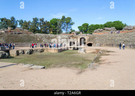 Mérida, Extremadura, Spanien, 16. Oktober 2018 - Die römischen Amphitheater von Emerita Augusta (Moderne Merida, Spanien) wurde in 8 v. Chr. eingeweiht. Stockfoto