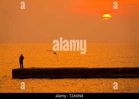 Orange Sonnenuntergang über dem Meer. Ein einsamer Fischer mit Angel auf der Pier. Über die Wellen Seagull Stockfoto