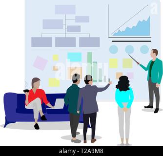 Präsentation berichte Tabelle und Diagramm. Chef zeigen Statistik für Business Team. Vector Illustration. Sitzung team Corporate, Teamarbeit Diskussion Stock Vektor