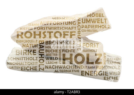 Wort Wolke mit drei Stücke Holz als Hintergrund und relevanten deutschen Keywords zum Thema Rohstoff Holz Stockfoto