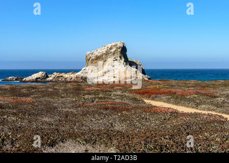 Weißen Felsformationen mit Schmutz Wanderweg durch das Feld unter strahlend blauen Himmel. Stockfoto