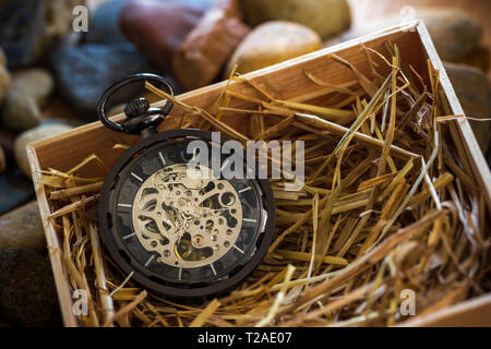 Pocket Watch Winder auf natürlichen Weizen Stroh in einer Holzkiste. Konzept der Vintage oder retro Geschenk. Stockfoto