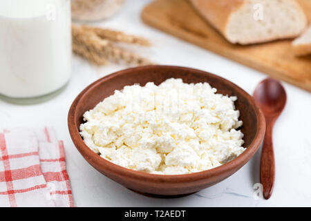 Hüttenkäse oder Tvorog in Schüssel, rustikales Stilleben Komposition. Reich an Kalzium und Milchprodukten Stockfoto