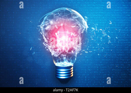 3D-Illustration explodierende Glühbirne auf einem blauen Hintergrund, mit Konzept kreatives Denken und innovative Lösungen. Rotes Leuchten in der Mitte Konzept Vir Stockfoto