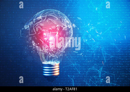 3D-Illustration explodierende Glühbirne auf einem blauen Hintergrund, mit Konzept kreatives Denken und innovative Lösungen. Rotes Leuchten in der Mitte Konzept Vir Stockfoto